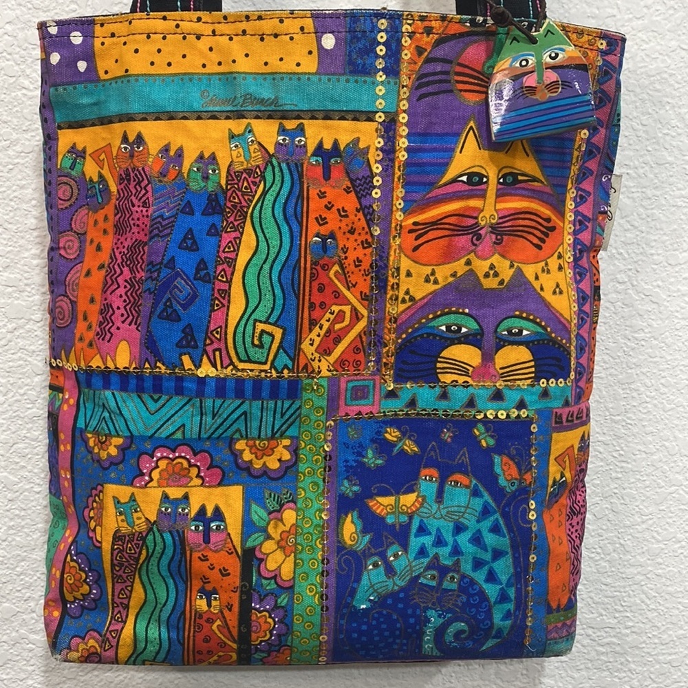 Vintage Laurel Burch Canvas Cat Multicolor Sequin Shoulder Tote Bag - Picture 2 of 12